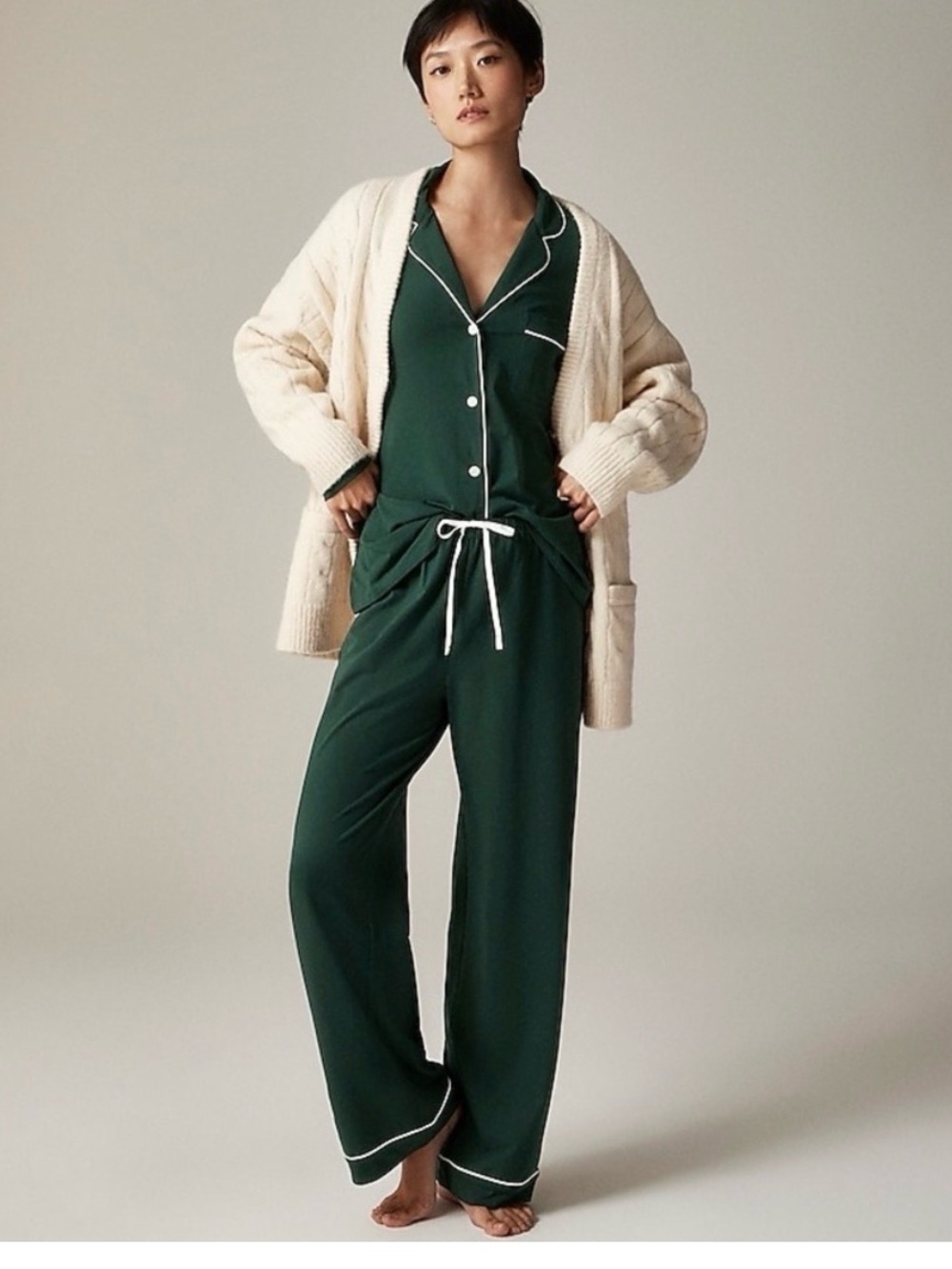 J. Crew Dreamy Cotton Blend- Dark Green Pajama Set with White Piping-XS